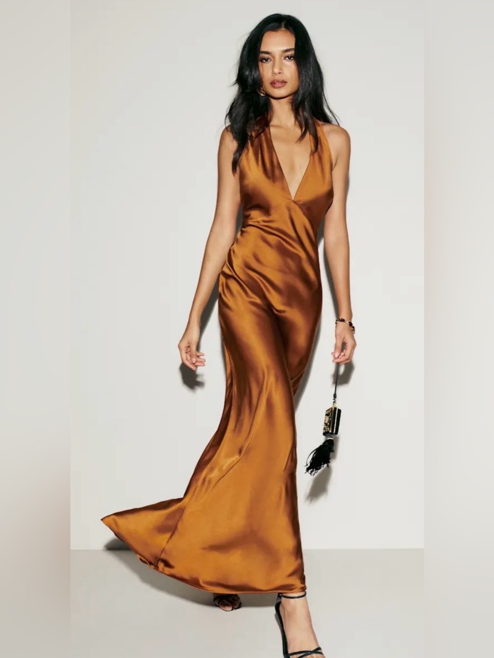 Reformation “Daniela” Satin Halter Maxi Dress in Copper Brown